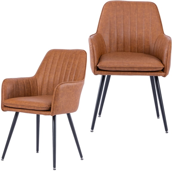 JERFIT Modern Faux Leather Dining Chairs Set of 2, Mid-Back Upholstered Side Chairs with Metal Legs for Kitchen, Living Room, Brown