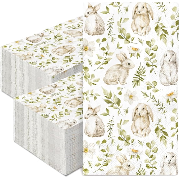 "Easter Bunny Guest Napkins Watercolor Rabbit Leaves Disposable Napkins Dinner Hand Towel Paper Napkins for Bathroom Spring Birthday Party Table Supplies
