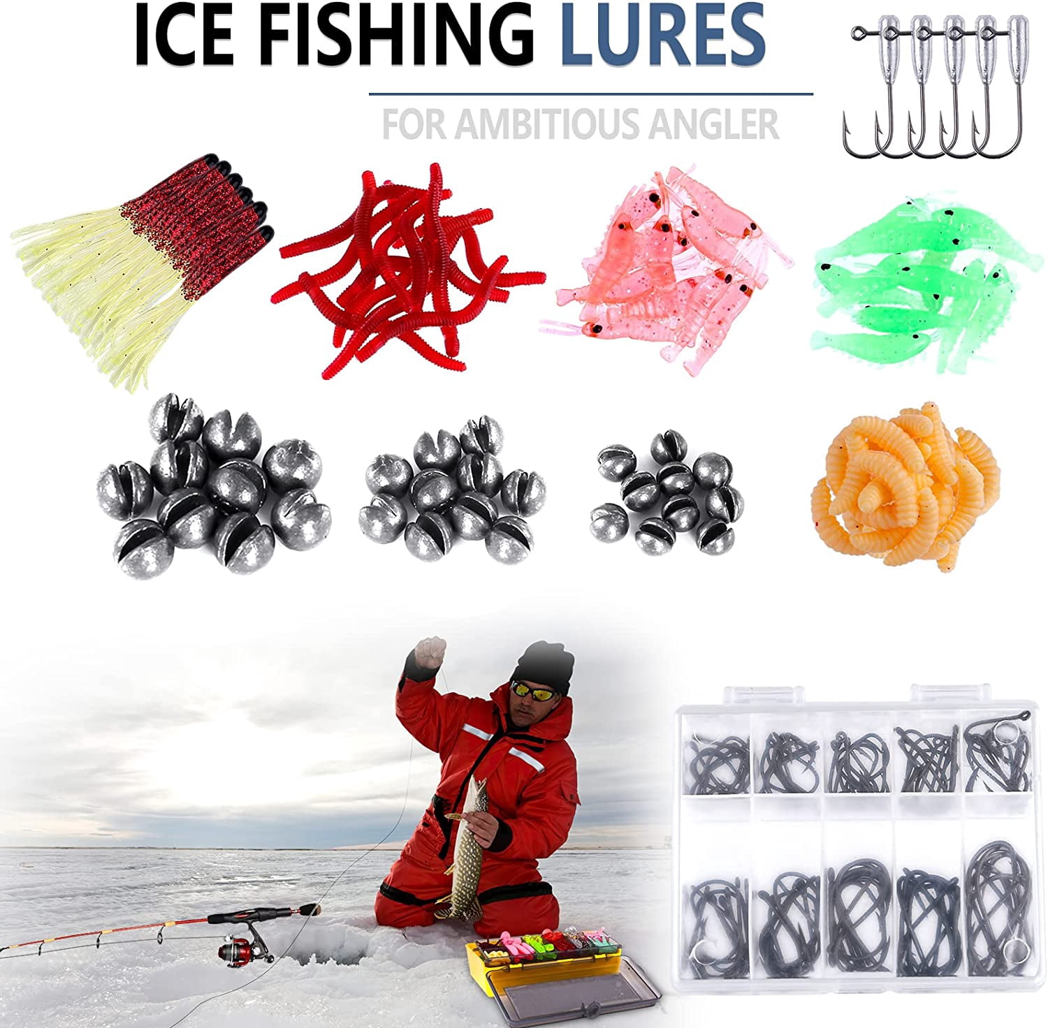 302Pcs Fishing Accessories, Small Tackle Box with Crankbaits, Spinnerbaits, Plastic Worms, etc