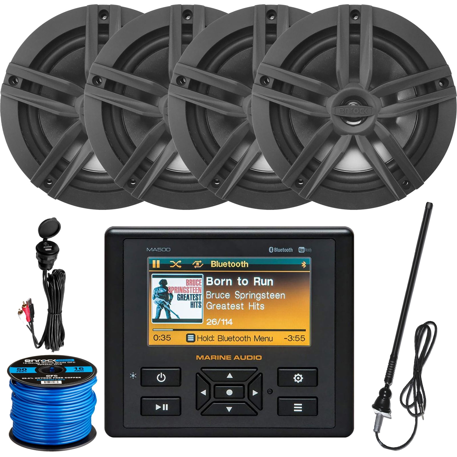 Marine Audio AM/FM USB Bluetooth Waterproof Stereo, 4 x 6.5" 180W 2Way