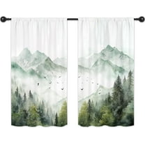 Green Mountain Kitchen Curtains, Nature Landscape Forest Trees Sage Green Kitchen Decorations Window Curtain Drapes, Soft Fabric Window Treatment Sets 2 Panels, 28''''W x 36''''L