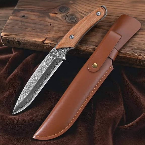 Damascus Steel Kitchen Knife with Ergonomic Wood Handle, High Hardness Outdoor Multi-functional Knife with Sheath Cover, Easy To Carry
