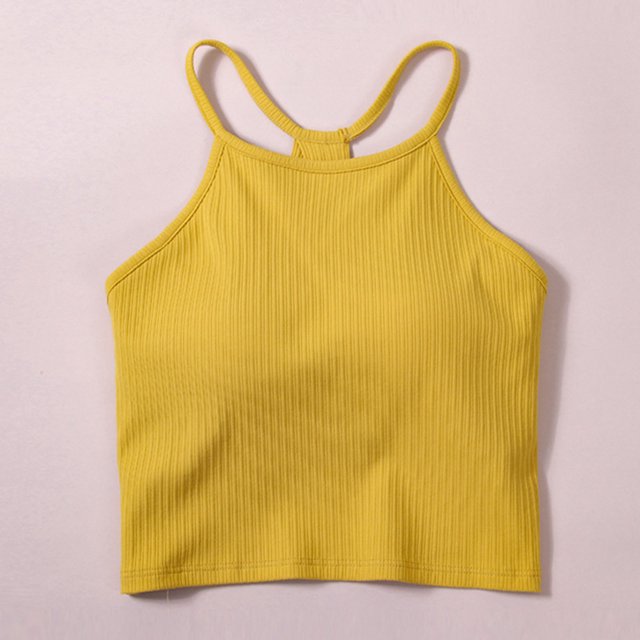 Workout Cropped Tank Tops for Women Built in Bra Seamless Ribbed Knit Racerback Backless Top for Teen Girls Yellow S
