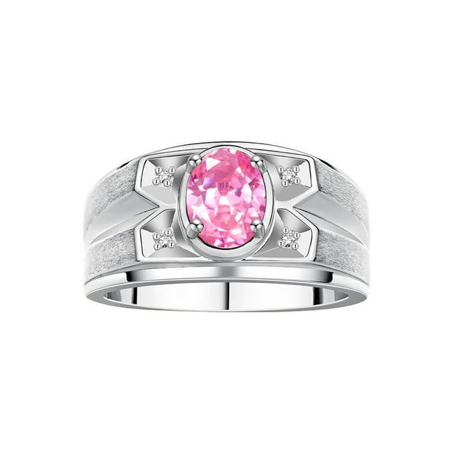 RYLOS Men's Rings Sterling Silver Rings Classic Designer Style 8X6MM Oval Gemstone & Diamond Ring Pink Ice October Birthstone Rings For Men, Size 10