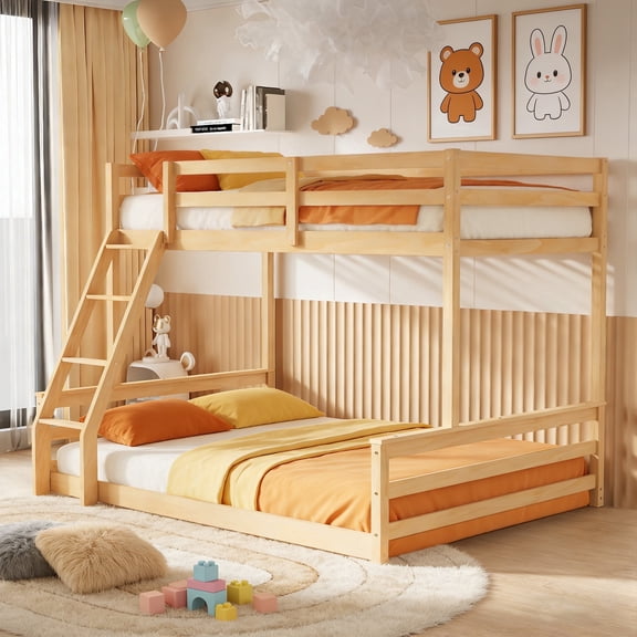 Guqiart Twin Over Full Low Floor Bunk Bed, Wooden Kids Bunk Bed with Ladder & Full Guardrails, Low Bunk Bed for Boys, Girls & Juniors Bedroom