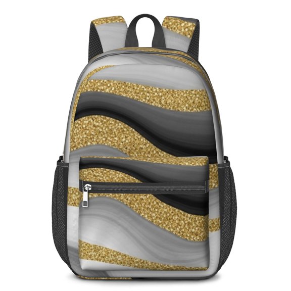 Black and Gold Marble Pattern 17" Waterproof Oxford School Backpacks for Teens, S-Shape Padded Straps, for School, Travel, Hiking, Camping