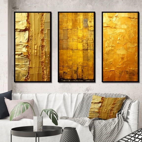 Designart "Ancient Opulence Retro Abstract Gold III" Abstract Painting Framed Wall Art Set Of 3 - Gold Modern Frame Gallery Set For Office Decor