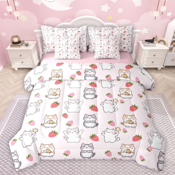 Castle Fairy Cartoon Cats Animal Twin Bedding Sets 7-Piece for Kids Children,Kawaii Pets Bedding Comforter Set Microfiber,Red Pink Strawberry Breathable Sheet Sets,Lightweight Room Decor,Reversible