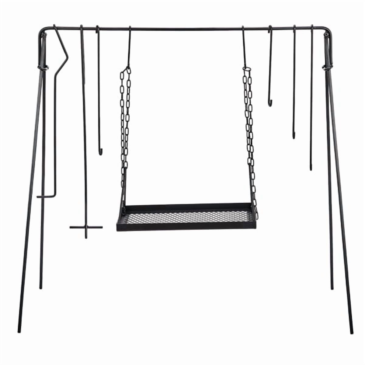 Olurrisa Collapsible Campfire Grill Stand with Iron Grate, Portable Swing Cooking Rack with Hooks & Carry Bag for Outdoor Camping, Black
