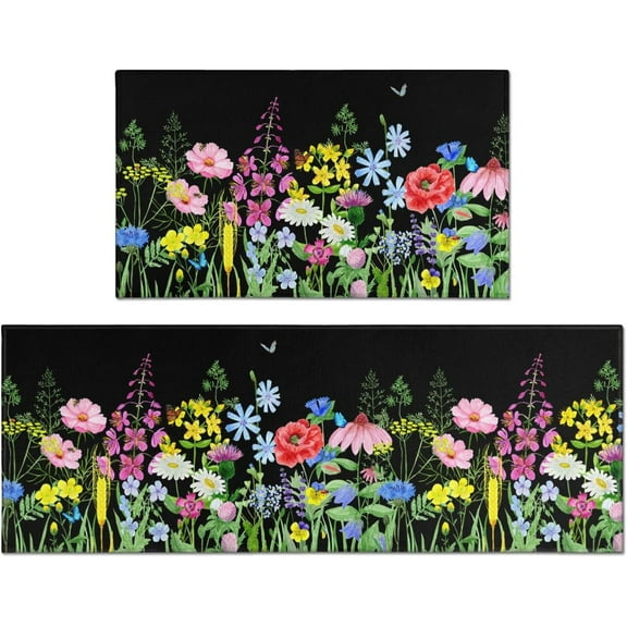 Botanical Flower Kitchen Decor Rugs Set of 2, Non Slip Washable Home Decor Farmhouse Kitchen Rugs and Mats for Floor Comfort Standing Mats for Kitchen, Sink, Laundry 17"x47" 17"x30"