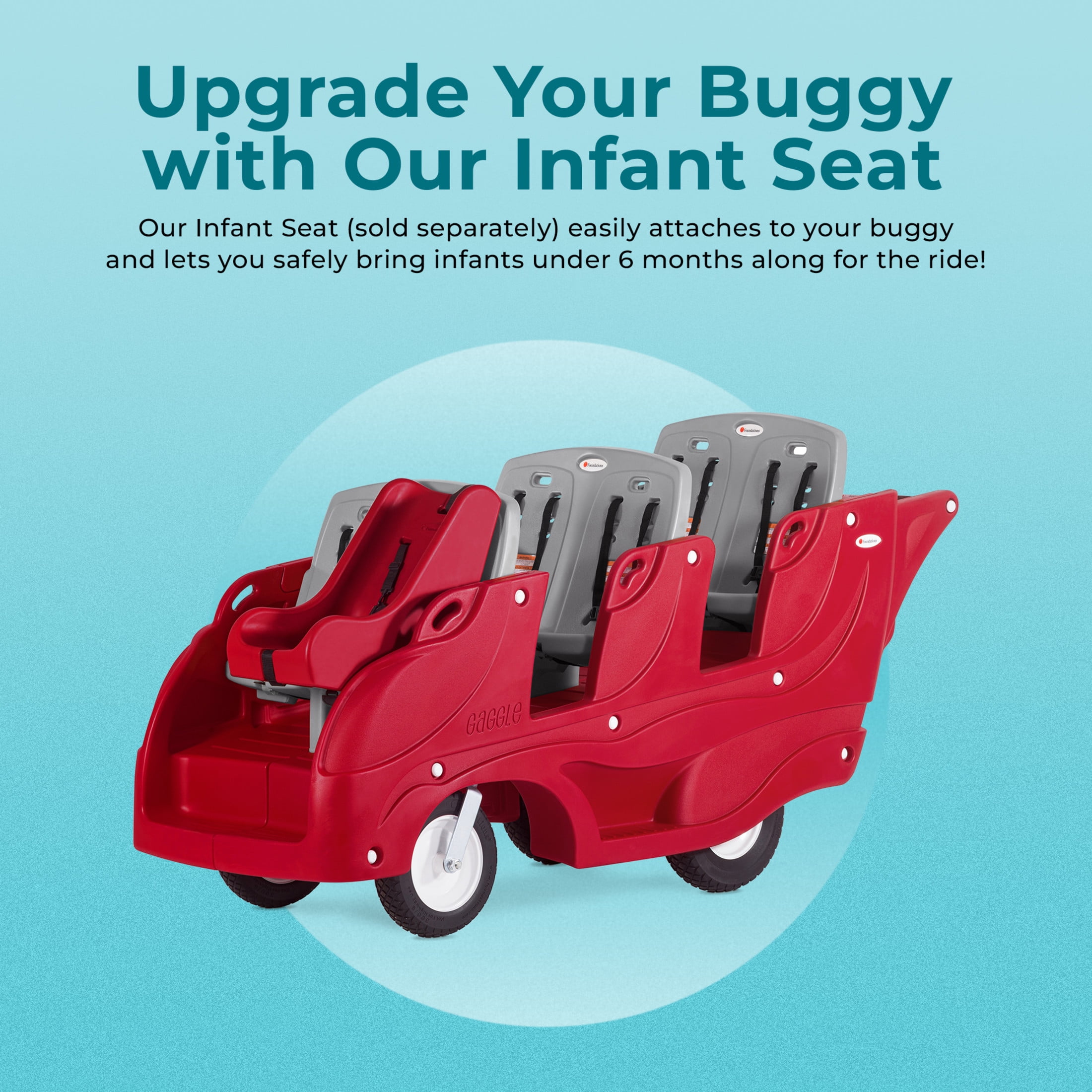 Foundations Gaggle Parade 6-Seat Buggy Stroller, Durable Multi-Child Daycare Stroller with Safety Harnesses, Red/Gray