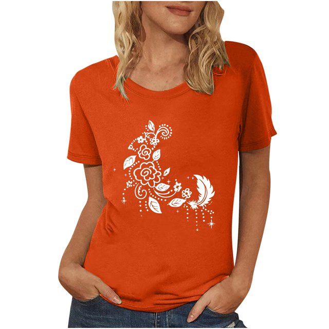 Dadaria Chemise Orange pour Femmes Manches Courtes T-Shirt Col Rond Été Chandail Blouses S