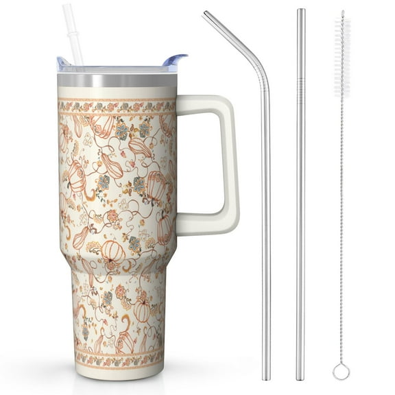 40oz Pumpkin Tumbler Insulated - Stainless Steel Fall Cup w/Handle & Straw | Thanksgiving Coffee Mug Gift for Women