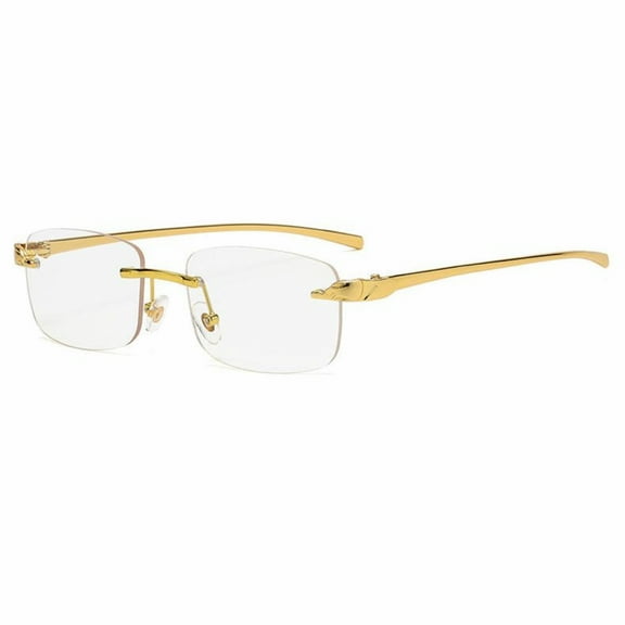 Square Narrow Rimless Gold Wire Metal Frames Unisex Trendy 90’s Hip Hop Vintage Small Retro Luxury Leopard Arms Rectangle Frameless Glasses Designer Clear Lens Eye Glasses For Men And Women