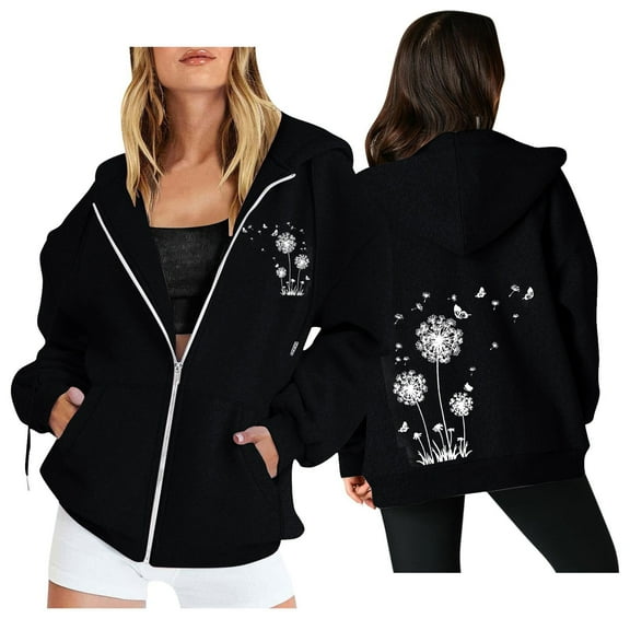 Women's Dandelion Print Drawstring Pocket Zip Up Hoodie Sweatshirt, Fleece Lined Oversized Winter Fall Jacket Coat for Casual Daily Wear, Outdoor Activities and Y2K Street Fashion Black L