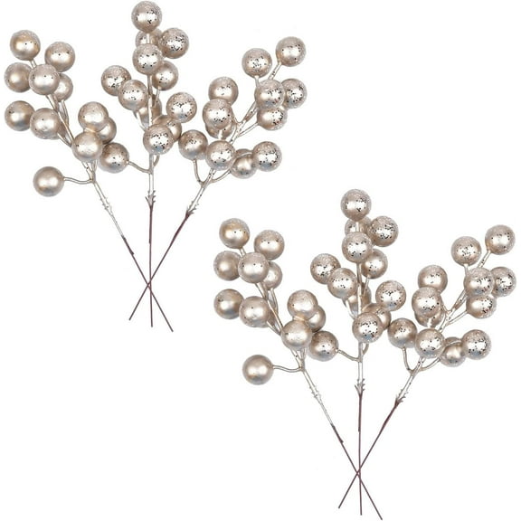 10PCS Christmas Glitter Berries Stems,8" Artificial Wired Stems Holly Berries Picks for Christmas Tree Ornaments Holiday and Home Decor (Champagne) A