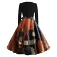 thumbnail image 5 of Halloween Dresses for Women Pumpkin Bat Long Sleeve 1950s Cocktail Classic Tea Length Dress V Neck Hepburn Fall Retro Dress with Belt 2XL, 5 of 5