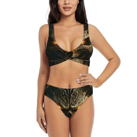 Zeuib Metal Evil Skull High Waisted Tummy Control Bikini Set - Knot Front Push Up Top & Cheeky Thong Bottom  Two-Piece Swimsuit for Women-Medium