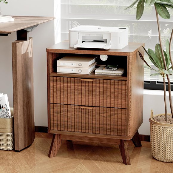 Modern Fluted Night Stand, Wood Nightstand with USB Ports and Outlets, 2 Drawers and Open Shelve, Bedside Table End Table for Living Room Bedroom