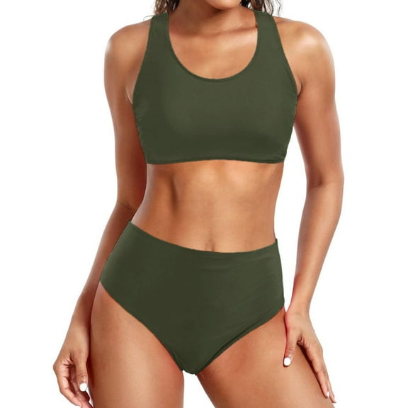 Rigardu Hot Sale!! High Waisted Bikini for Women Tummy Control Bottoms Push Up Crop Top Swimsuit 2 Piece High Cut Teens Girls Bathing Suits Fashionable Casual Underwear Bikini Army Green L