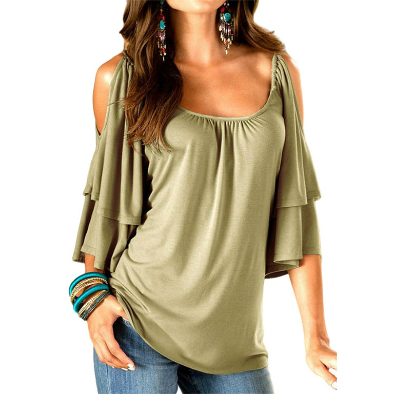 Casual Tunic Blouse Tops For Women Ladies Ruffled Pleated Cold Shoulder  Summer Half Sleeve Holiday Beach Casual Basic Tee Tunic Casual T Shirt Top  Blouse 
