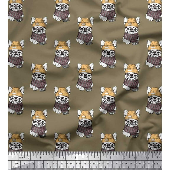 Soimoi Cotton Duck Fabric Cap,Muffler & French Bull Dog Print Fabric by The Yard 42 Inch Wide