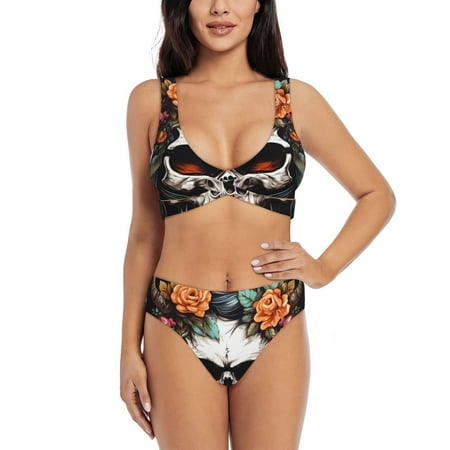 Zeuib Flower Horn Skull High Waisted Tummy Control Bikini Set - Knot Front Push Up Top & Cheeky Thong Bottom  Two-Piece Swimsuit for Women-Medium