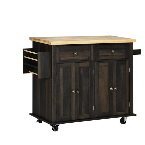 Xukmct Wood Top Kitchen Island with Wheels and Towl Rack, Rolling Kitchen Cart with Spice Rack and Drawers, Brown