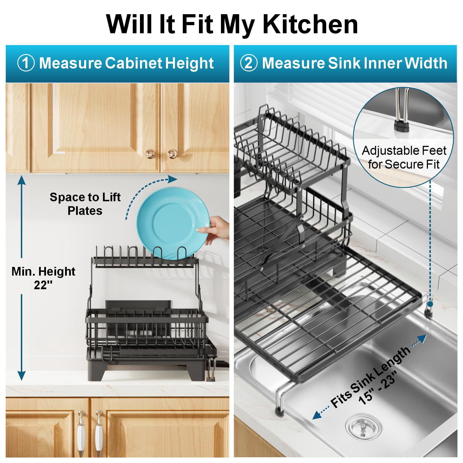 Large 2 Tier Dish Drying Rack  Expandable Heavy-duty For Kitchen Counter Rust-resistant Drainer With Utensil & Cup Holder Auto-drain 16.9" W X 14.4"-22.4" L Black