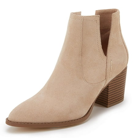 

Saodimallsu Womens Pointed Toe Stacked Mid Heel Ankle Boots V Cut Back Zipper Faux Leather Booties