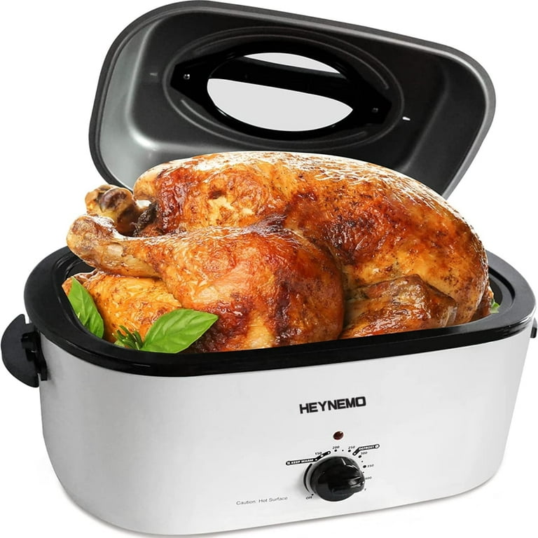 CozyHom 26 Quart Electric Turkey Roaster Oven Stainless Steel Roaster Pan  with Self-Basting Lid Removable Insert Pot, White