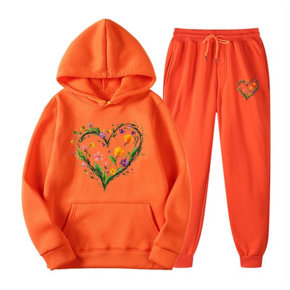 Hueook 2 Piece Sets for Women Dressy Women's Casual Printed Pocket Hoodie with Long Sleeves and Pants Set Orange L