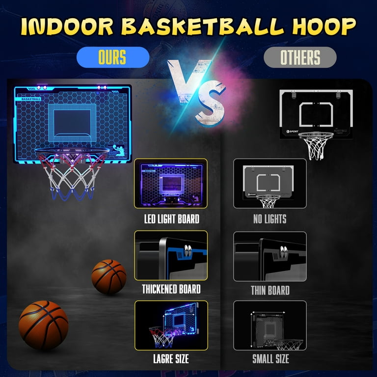 HopeRock Indoor Mini Basketball Hoop for Kids, Basketball Hoops Over The  Door with LED Lighting, Mini Hoop with Scoreboard & 3 Balls, Basketball  Toys