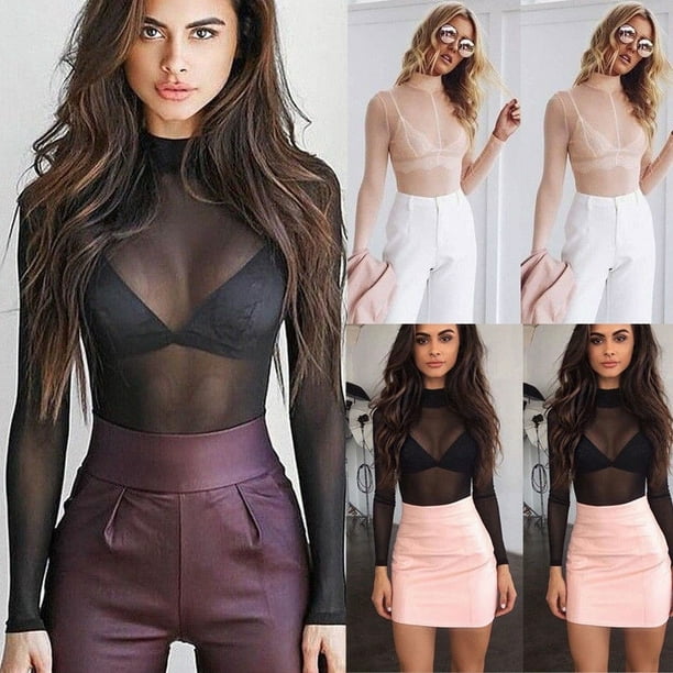 Women Sexy See-through Sheer Mesh Blouse Long Sleeve Casual T-Shirt Black  Pink 