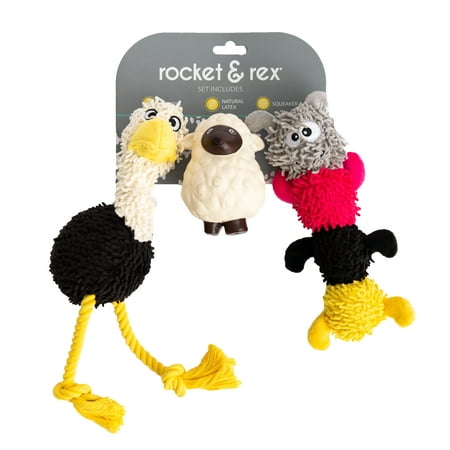 rocket & rex Dog Chew Toy Set for Small to Medium Breeds Includes a Rope Toy Rubber Squeaker Toy and Plush Toy with Ball Reduces Destructive Chewing & Anxiety (Pack of 3)