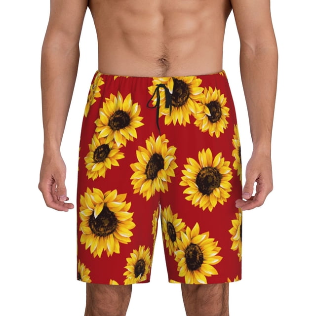 Fotbe Sunflowers On Red Pantalones Cortos de Pijama para Hombre, Ropa de Dormir, Pantalones de Pijama Cortos para Hombre-3X-Large