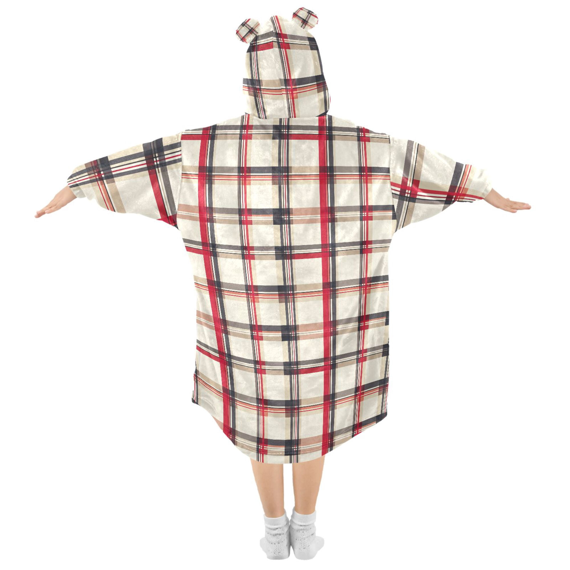 FORMRS Wearable Blanket Hoodie with Sleeves for Kids Cozy Flannel Sweatshirt, Red Tartan
