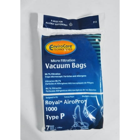 Royal Canister Type P Canister Vacuum Cleaner Bags, EnviroCare Replacement Brand, designed to fit Royal AiroPro 1000 Canister Vacuum Cleaners, 99.7 Microfiltration, 7 bags & 1 filter in pack