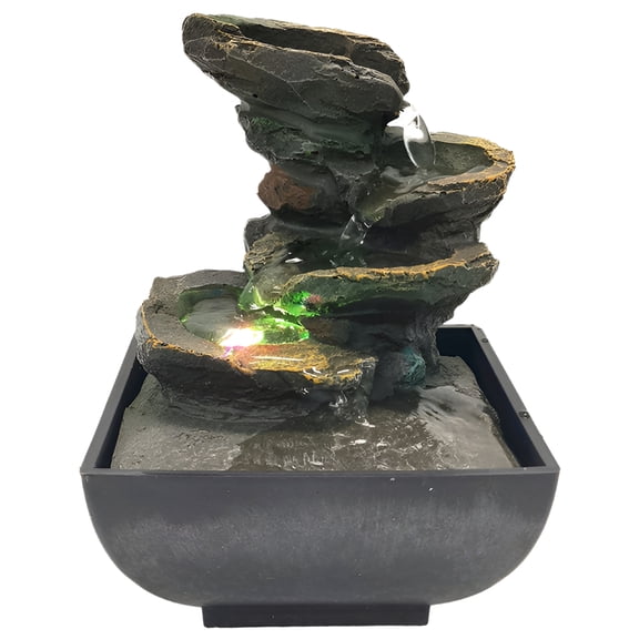 Indoor Tabletop Water Fountain, 3-Tier Rockery Waterfall Fountain with LED Light, Resin Desktop Fountain for Home Office Living Room Bedroom Decor, 5.12 x 5.12 x 7.09 in