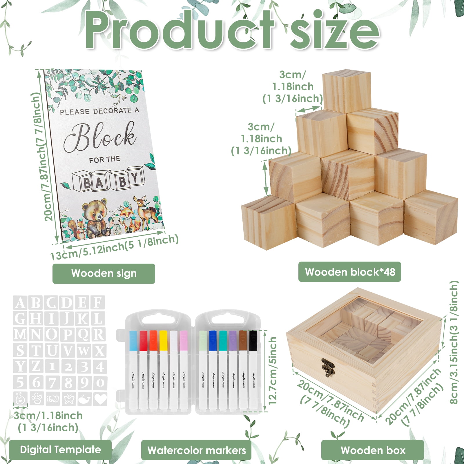 104Pcs Baby Shower Block Game Set Funny Baby Shower Games Sign Kit with 12 Marker 48 Wood Cube 42 Stencils Wood Sign for Party