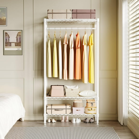 Towallmark 69"H Space-Saving Metal Clothes Rack with Shelves, Heavy Duty Adjustable Garment Rack, Freestanding Closet Organizer for Bedroom or Laundry Room, White