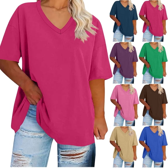Cekizud Women's Tops Casual V-Neck Short Sleeve T-shirt Solid Fashionable Casual Loose Top,Size S-5XL