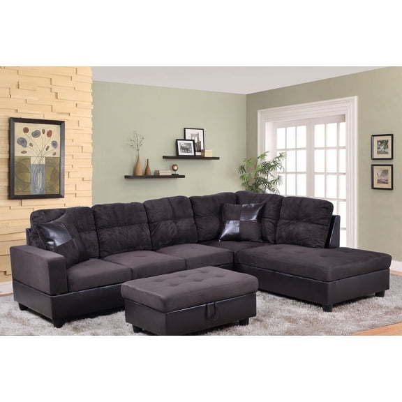 PonLiving Furniture Ezekiel 103.5'' Right Hand Facing Sectional Sofa with Storage Ottoman, Microfiber & Leather Upholstered
