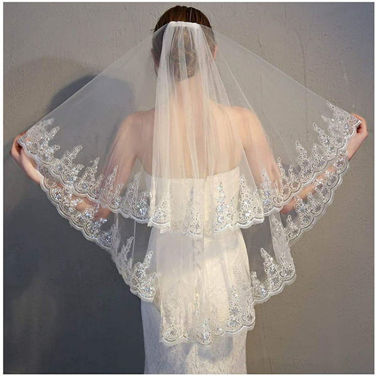 One Tier Sequin and Lace Cathedral Veil