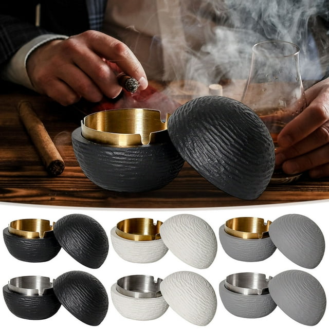 Cenicero Moderno Cubierto con Forro de Acero Inoxidable - El mejor cenicero exterior para interiores para patio, oficina y hogar en negro, blanco o gris