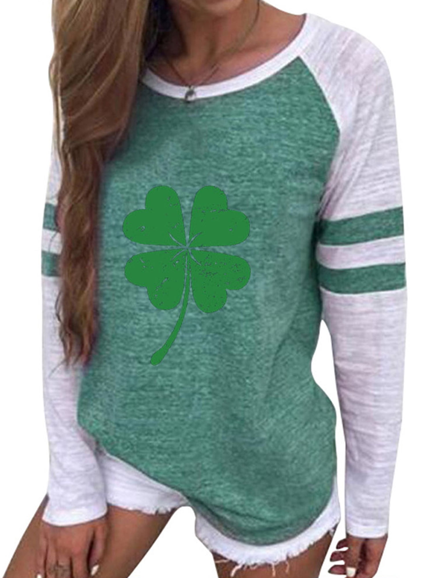 Irish Shamrock Womens Girls Crew Neck T Shirt Raglan Baseball Top Tunic