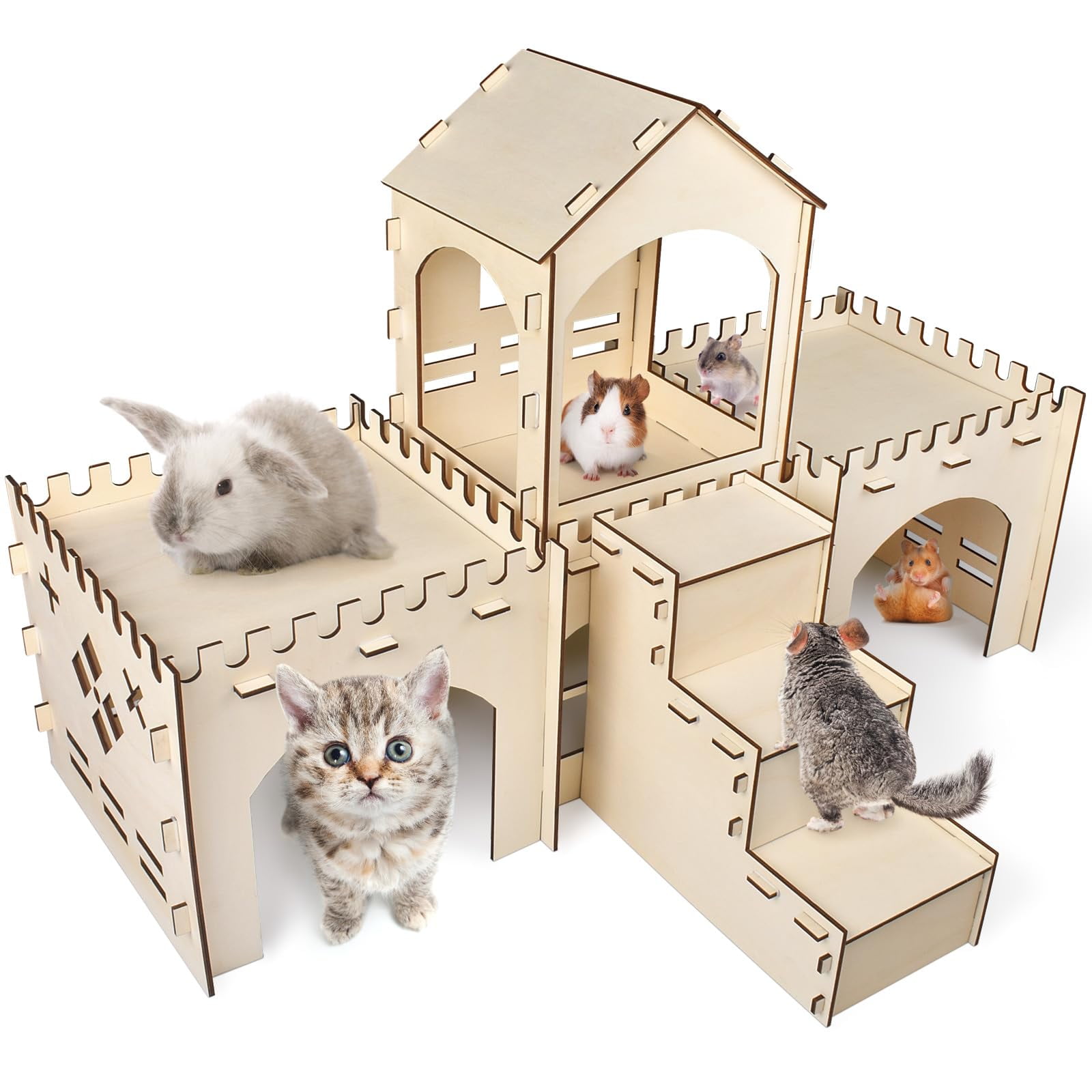 Extra Large Wooden Rabbit Hideout Castle Indoor Outdoor Bunny House and Hideout for Bunnies Chinchillas Hamsters Guinea Pigs Detachable Small