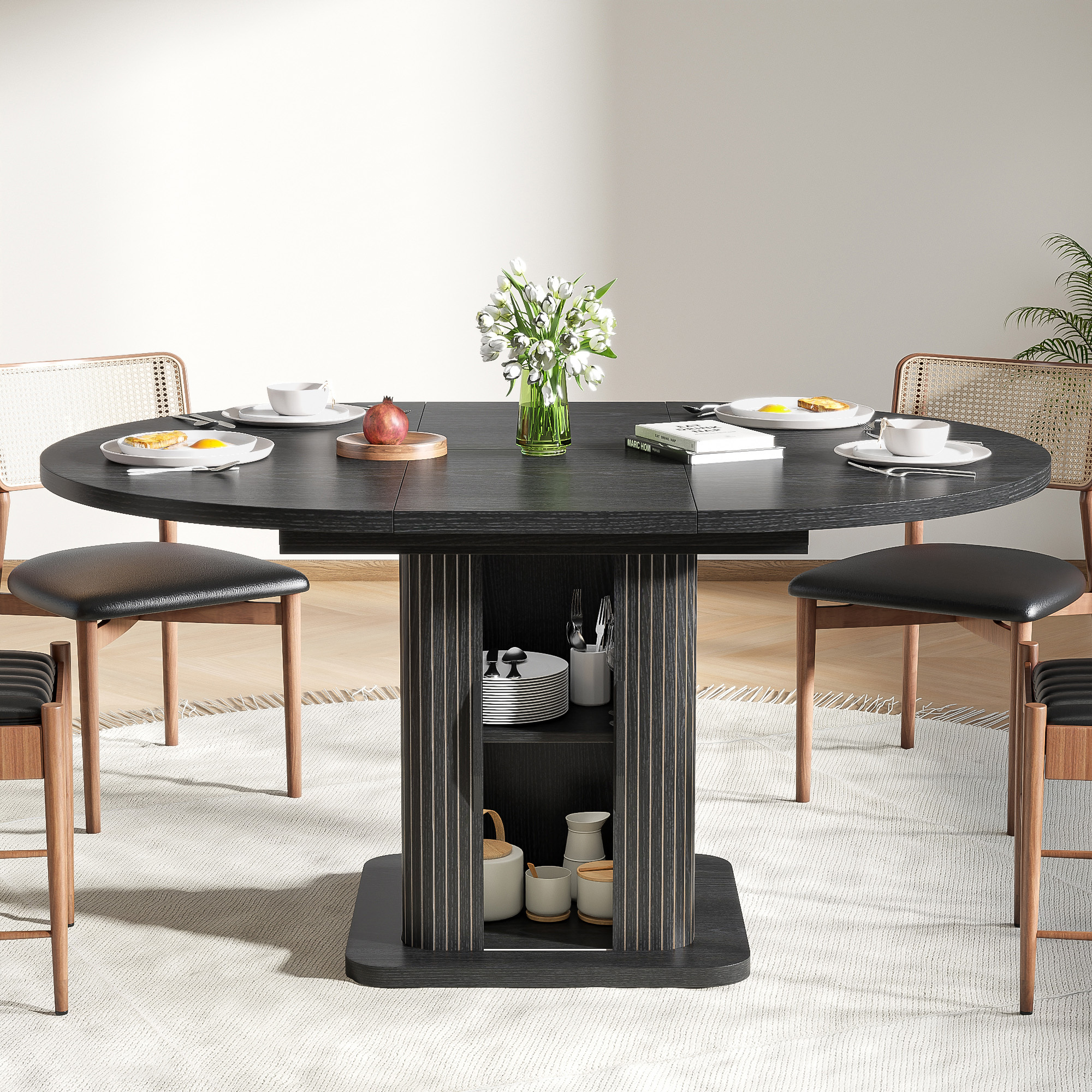 59 Inch Extendable Round Dining Table for 4-6, Kitchen Dining Table with Storage Shelf for Home Living Room, Black
