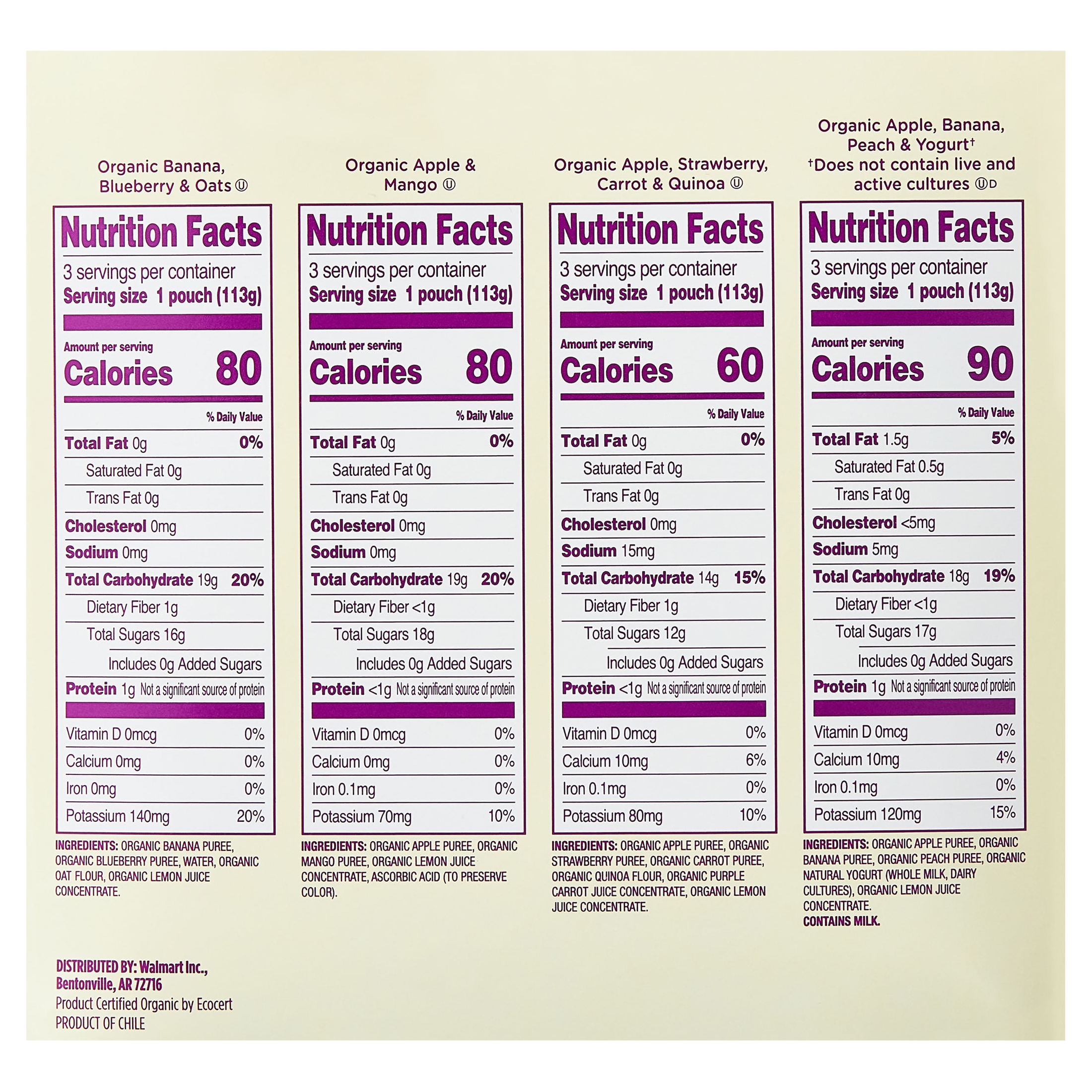 Paquete variado de comida para bebé etapa 2 orgánica de Parent's Choice, bolsas de 4 oz, paquete de 12 7