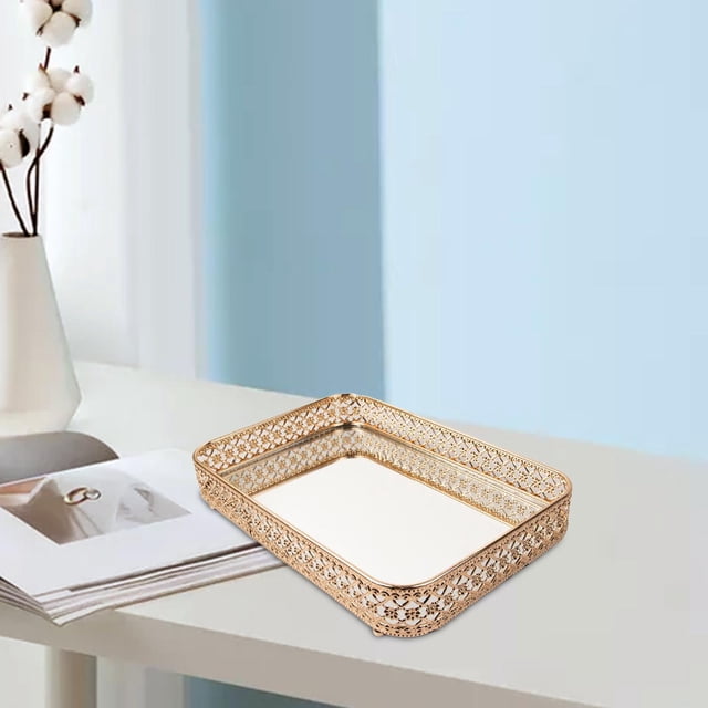 Bandeja decorativa con acabado de espejo, bandeja organizadora de baratijas de joyería, bandeja de maquillaje cosmético para encimera, tocador de boda áureo l
